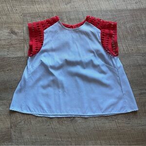 Maeve White Striped Tank with Red Crochet Sleeves